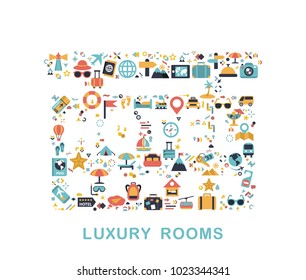 Travel icons are grouped in Hotel signboard, luxury rooms form