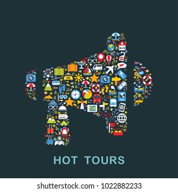 Travel icons are grouped in Megaphone form