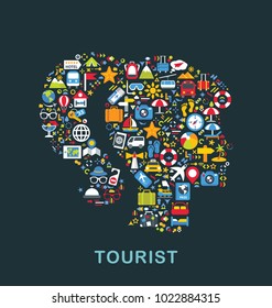 Travel icons are grouped in Woman head form