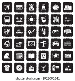 Travel Icons. Grunge Black Flat Design. Vector Illustration.