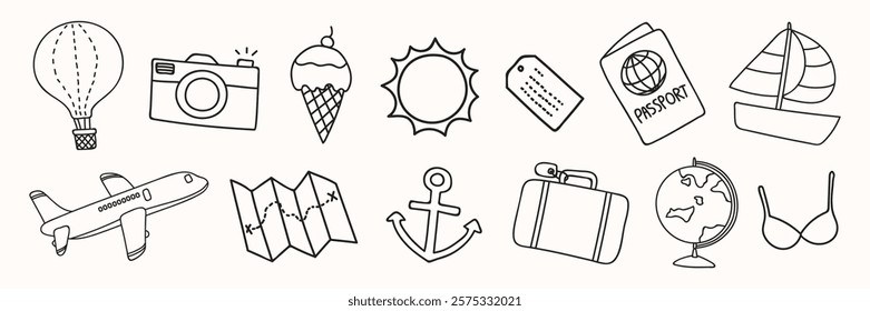 Travel icons: hot air balloon, camera, ice cream, sun, passport, sailboat, airplane, map, anchor, suitcase, globe, bikini. Travel essentials repeated. Doodle illustrations, vector set.