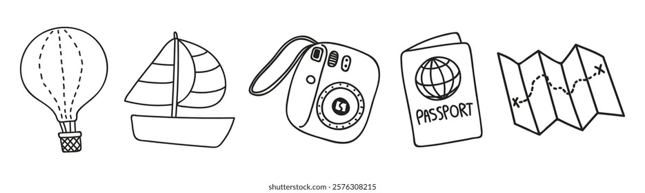 Travel icons: hot air balloon, sailboat, camera, passport, map. Explore with these travel icons: balloon, sailboat, camera, passport, map. Adventure awaits! Doodle illustrations, vector set.