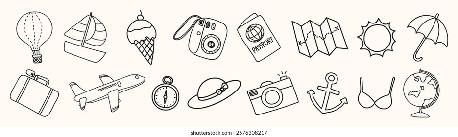 Travel icons: hot air balloon, sailboat, ice cream, camera, passport, map, sun, umbrella, suitcase, airplane, compass, hat, anchor, globe. Doodle illustrations, vector set.