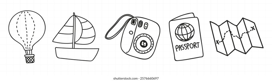 Travel icons: hot air balloon, sailboat, camera, passport, map. Explore with these travel icons: balloon, sailboat, camera, passport, map. Adventure awaits! Doodle illustrations, vector set.