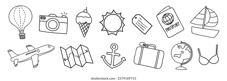 Travel icons: hot air balloon, camera, ice cream, sun, passport, sailboat, airplane, map, anchor, suitcase, globe, and bikini. Travel essentials! Doodle illustrations, vector set.