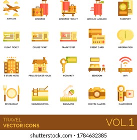 Travel icons including airplane, trolley, wheeled luggage, passport, flight ticket, cruise, train, credit card, information, 5 stars hotel, private guest house, room key, bedroom, wifi, restaurant.