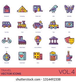 Travel icons including backpack, camping, trailer park, bird, butterfly, tour bus, train, car rental, taxi, GPS, bicycle, roller skate, hot air balloon, museum, theatre, party ball, card deck, dice.