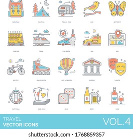 Travel icons including backpack, camping, trailer park, bird, butterfly, tour bus, train, car rental, taxi, GPS, bicycle, roller skate, hot air balloon, museum, theatre, party ball, card deck, wine.