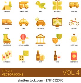 Travel icons including camping, trailer park, bird, butterfly, tour bus, train, taxi, car rental, GPS, bicycle, roller skate, hot air balloon, museum, theatre, party ball, card deck, beer, wine, soda.