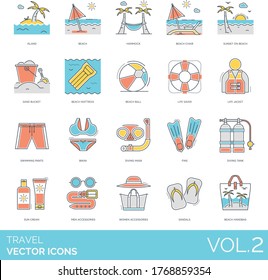 Travel icons including island, hammock, beach chair, sunset, sand bucket, mattress, ball, life saver, jacket, swimming pants, bikini, diving mask, fins, tank, sun cream, accessories, sandals, handbag.