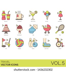 Travel icons including soda, hot beverage, welcome drink, ice cream, fashion store, wedding cake, hand bouquet, baby, stroller, tennis, golf, volleyball, bowling, sports shoes, disabled.