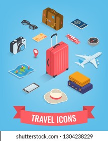 Travel icons in Isometric style. Travel and tourism concept. Vector illustration