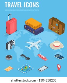 Travel icons in Isometric style. Travel and tourism concept. Vector illustration