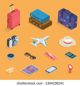 Travel Icons In Isometric Style. Travel And Tourism Concept. Vector Illustration