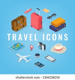 Travel icons in Isometric style. Travel and tourism concept. Vector illustration