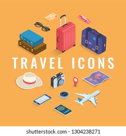 Travel icons in Isometric style. Travel and tourism concept. Vector illustration