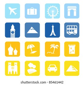 Travel icons and landmarks big collection - blue & yellow 16 travel design blocks isolated on white background