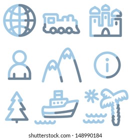 Travel icons, light blue contour