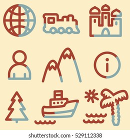 Travel icons, light blue contour