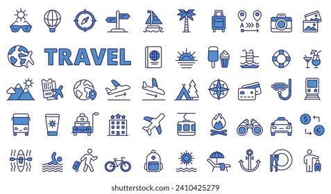 Iconos de viaje en línea de diseño azul. Vacaciones, turismo, tour, maleta, pictogramas vacacionales aislados en el vector de fondo blanco. Icono de trazo editable de viaje.