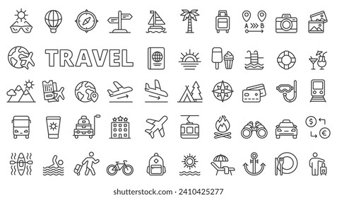 Travel icons in line design. Vacation, tourism, tour, suitcase, holiday pictograms isolated on white background vector. Travel editable stroke icon.