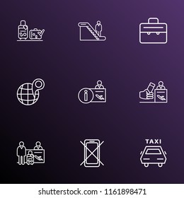 Travel icons line style set with luggage check, man on escalator, suitcase and other valise elements. Isolated vector illustration travel icons.