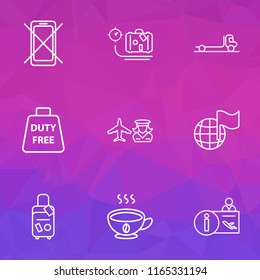 Travel icons line style set with coffee, flatbed truck, luggage weight and other world elements. Isolated vector illustration travel icons.