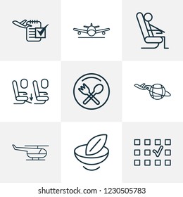 Travel icons line style set with landing plane, restaurant sign, flight date plane chair elements. Isolated vector illustration travel icons.
