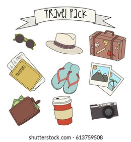  Travel icons and objects.Hand-drawn style vector illustration.