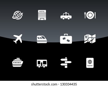 Travel icons on black background. Vector illustration.