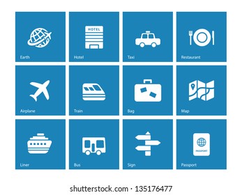 Travel icons on blue background. Vector illustration.