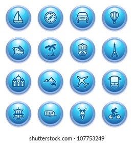 Travel icons on blue buttons.