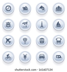 Travel icons on blue buttons.