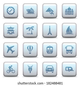 Travel icons on blue buttons.