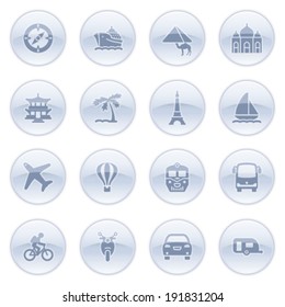 Travel icons on blue buttons.