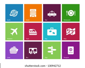 Travel icons on color background. Vector illustration.