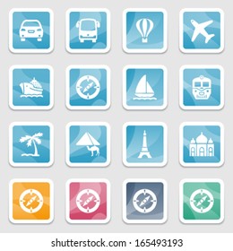 Travel icons on color stickers.