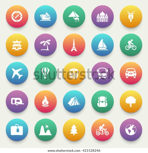 Travel icons on color\
stickers.