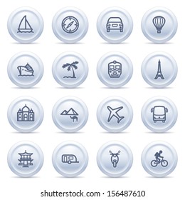 Travel icons on gray buttons.
