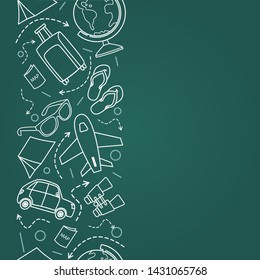 Travel icons on green background. Line drawing illustration. Seamless pattern- Vector 