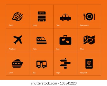 Travel icons on orange background. Vector illustration.