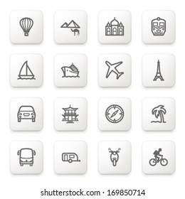 Travel icons on white buttons.