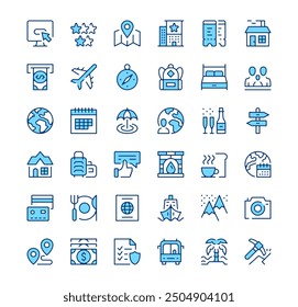 Travel icons. Outline symbols. Vector blue line icons set