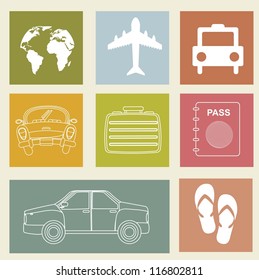 travel icons over beige background, vintage style. vector illustration