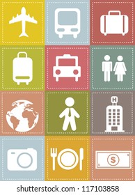 Travel Icons Over Beige Background, Vintage Style. Vector Illustration