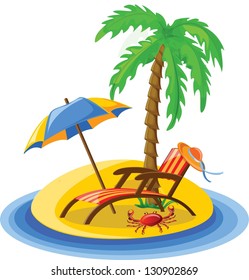 Travel icons, palm, ball, lounge, umbrella, flip-flops and suitcase