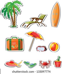 Travel icons, palm, ball, lounge, umbrella, flip-flops and suitcase