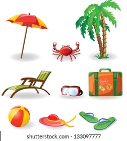 Travel icons, palm, ball, lounge, umbrella, flip-flops and suitcase