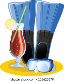 Travel icons, palm, ball, lounge, umbrella, flip-flops, flippers and suitcase