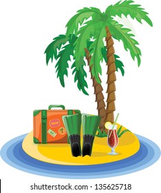 Travel icons, palm, ball, lounge, umbrella, flip-flops, flippers and suitcase
